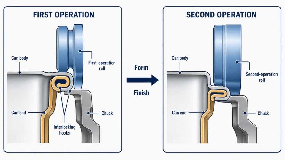 Cutaway comparison of first-operation seam formation and second-operation finishing.