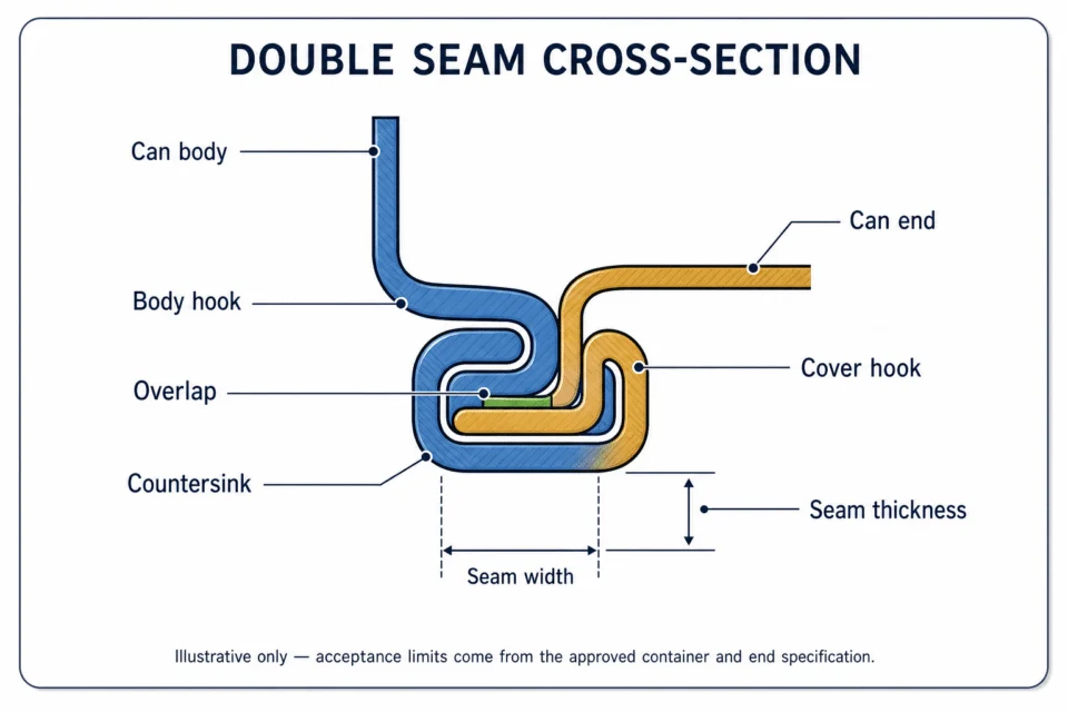 Illustrative double-seam cross-section labelled with the can body, can end, hooks, overlap, countersink, seam width, and seam thickness.