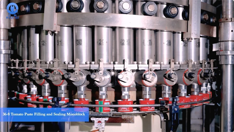 Multi-head piston filler dispensing tomato paste into metal cans