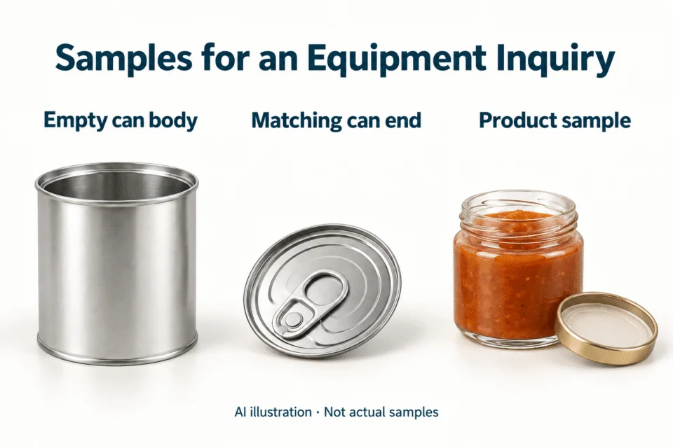 Illustration of an empty can body, matching can end and product sample for an equipment inquiry