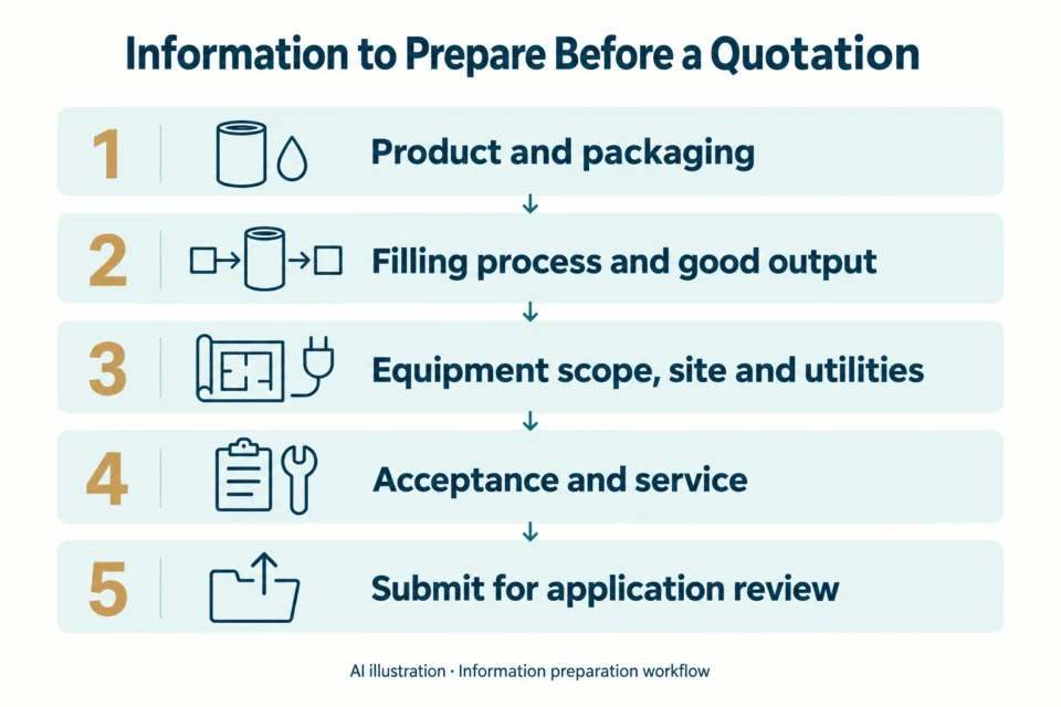 Information preparation workflow for a can filling and seaming machine quotation