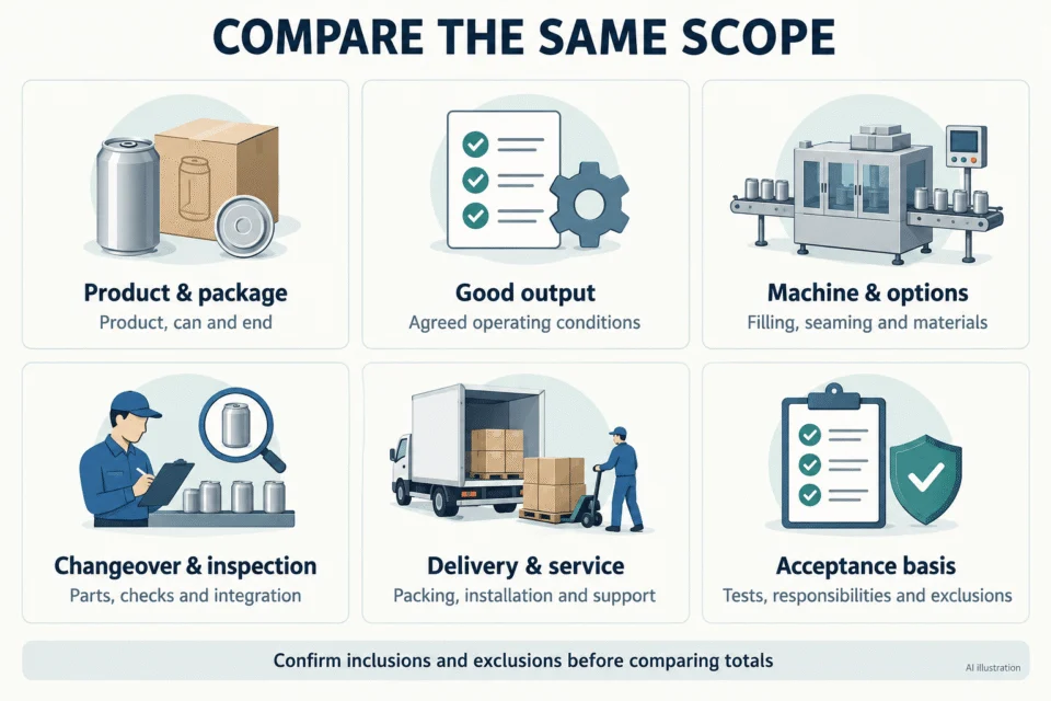 Six quotation scope checks: product and package, good output, machine and options, changeover and inspection, delivery and service, and acceptance basis