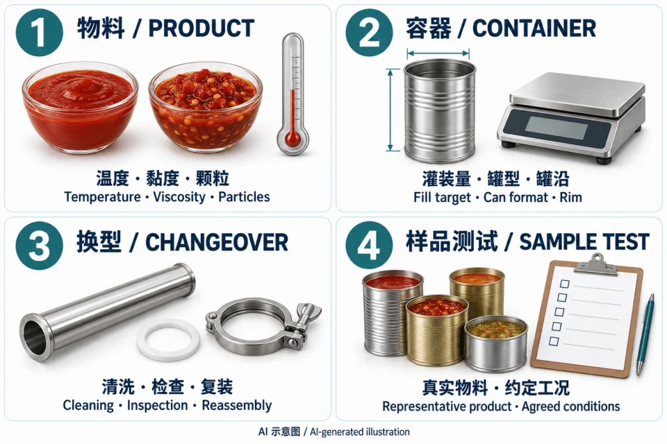 Four checks for sauce piston filling selection: product, container, cleaning and changeover, and sample testing (AI illustration)