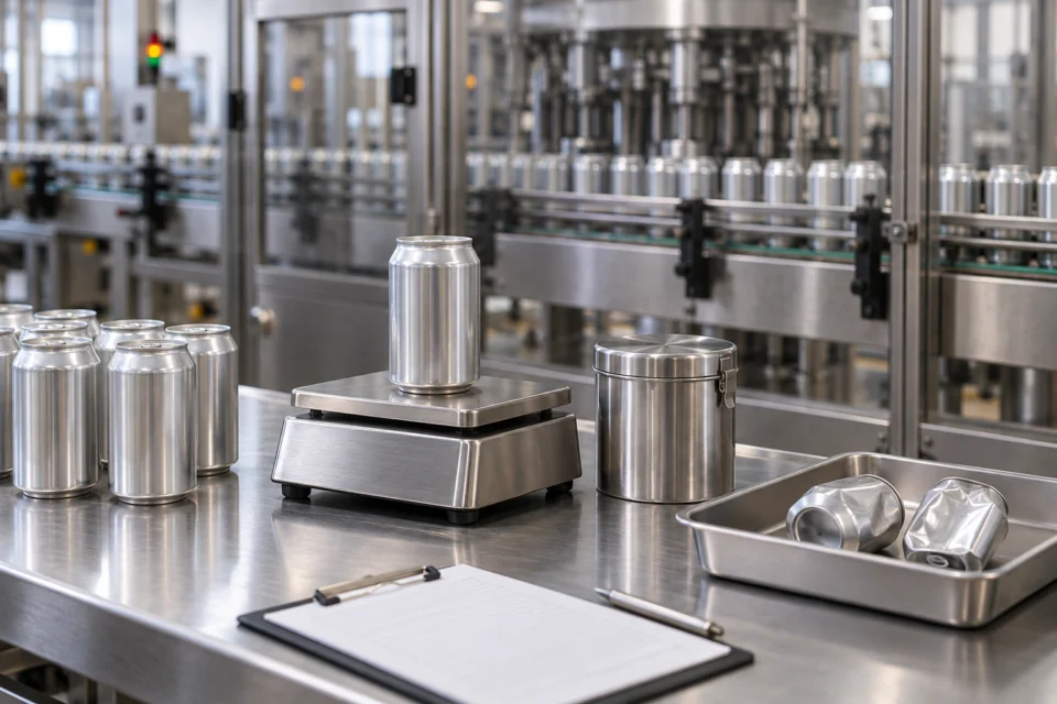 Can weighing and product-loss recording at an industrial workbench, AI concept illustration